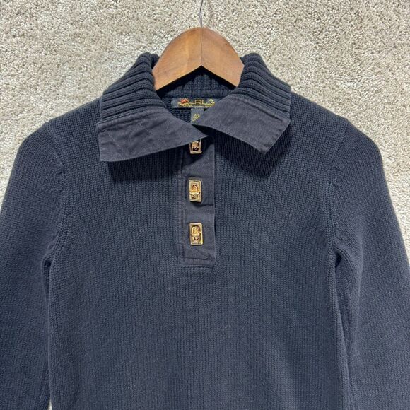 LRL Lauren Ralph Lauren Sweater Women's PS Black Gold Turn Lock Shawl Collar - Picture 2 of 11